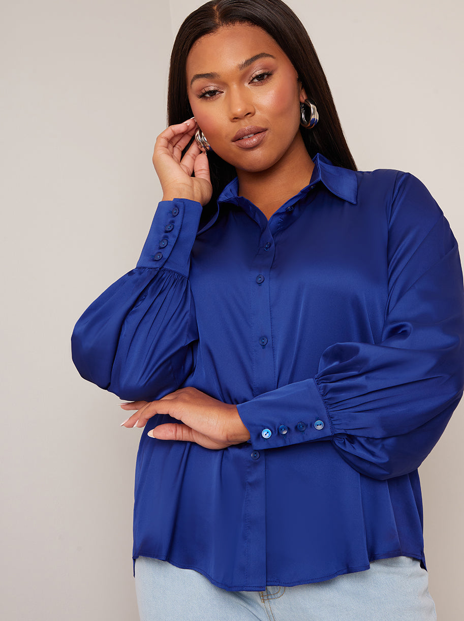 Long Sleeve Satin Shirt in Blue