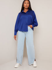 Long Sleeve Satin Shirt in Blue