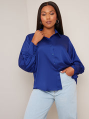 Long Sleeve Satin Shirt in Blue