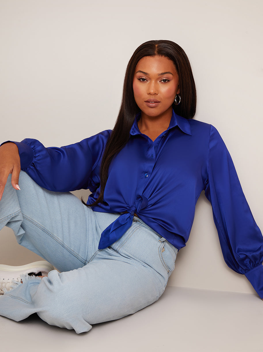 Long Sleeve Satin Shirt in Blue