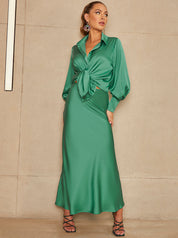 Long Sleeve Satin Shirt in Green