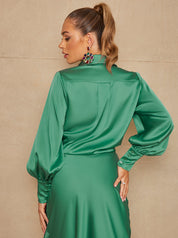 Long Sleeve Satin Shirt in Green