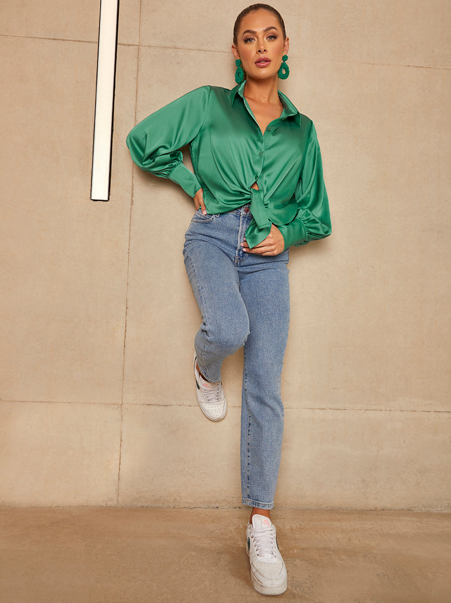 Long Sleeve Satin Shirt in Green