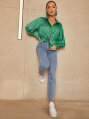Long Sleeve Satin Shirt in Green
