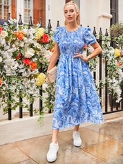 Puff Sleeve Swirl Print Midi Dress in Blue