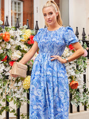 Puff Sleeve Swirl Print Midi Dress in Blue