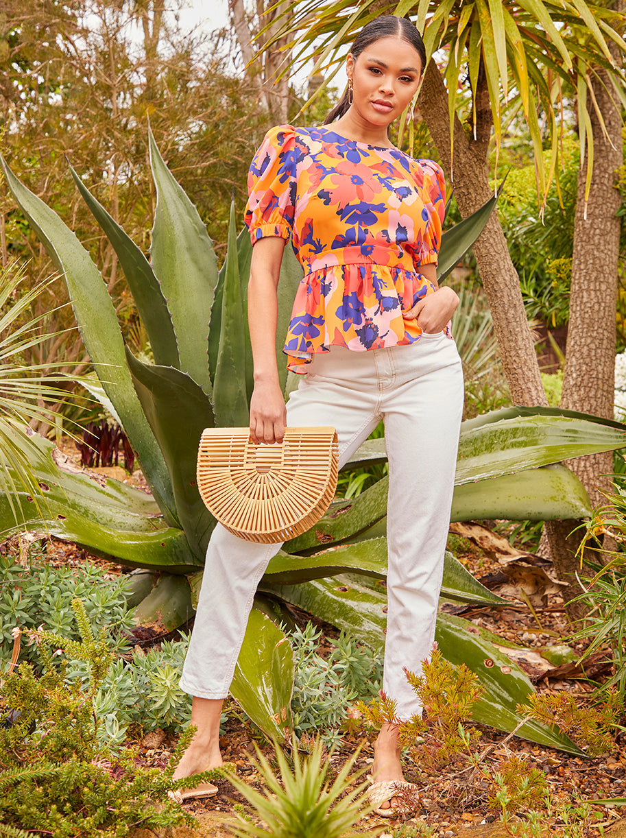 Puff Sleeve Floral Abstract Print Top in Navy