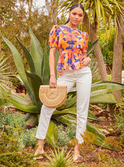 Puff Sleeve Floral Abstract Print Top in Navy