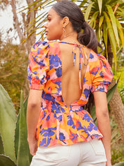 Puff Sleeve Floral Abstract Print Top in Navy