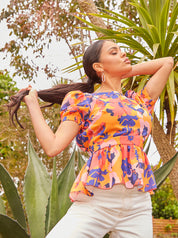 Puff Sleeve Floral Abstract Print Top in Navy