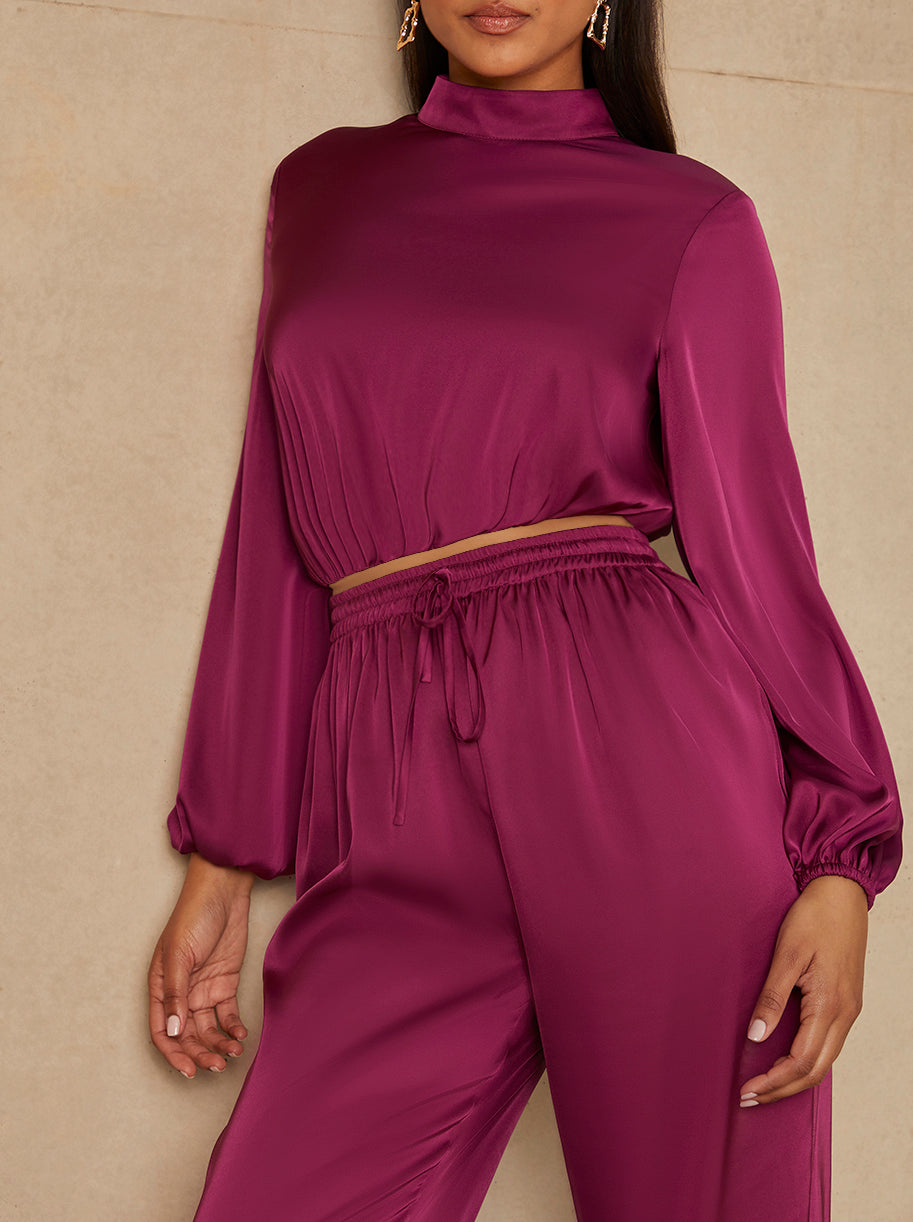 Long Sleeve High Neck Satin Top in Berry