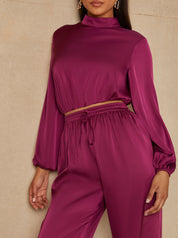Long Sleeve High Neck Satin Top in Berry
