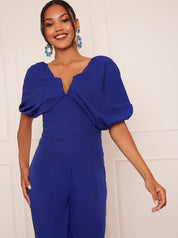 Drape Sleeve Wide Leg Jumpsuit in Blue