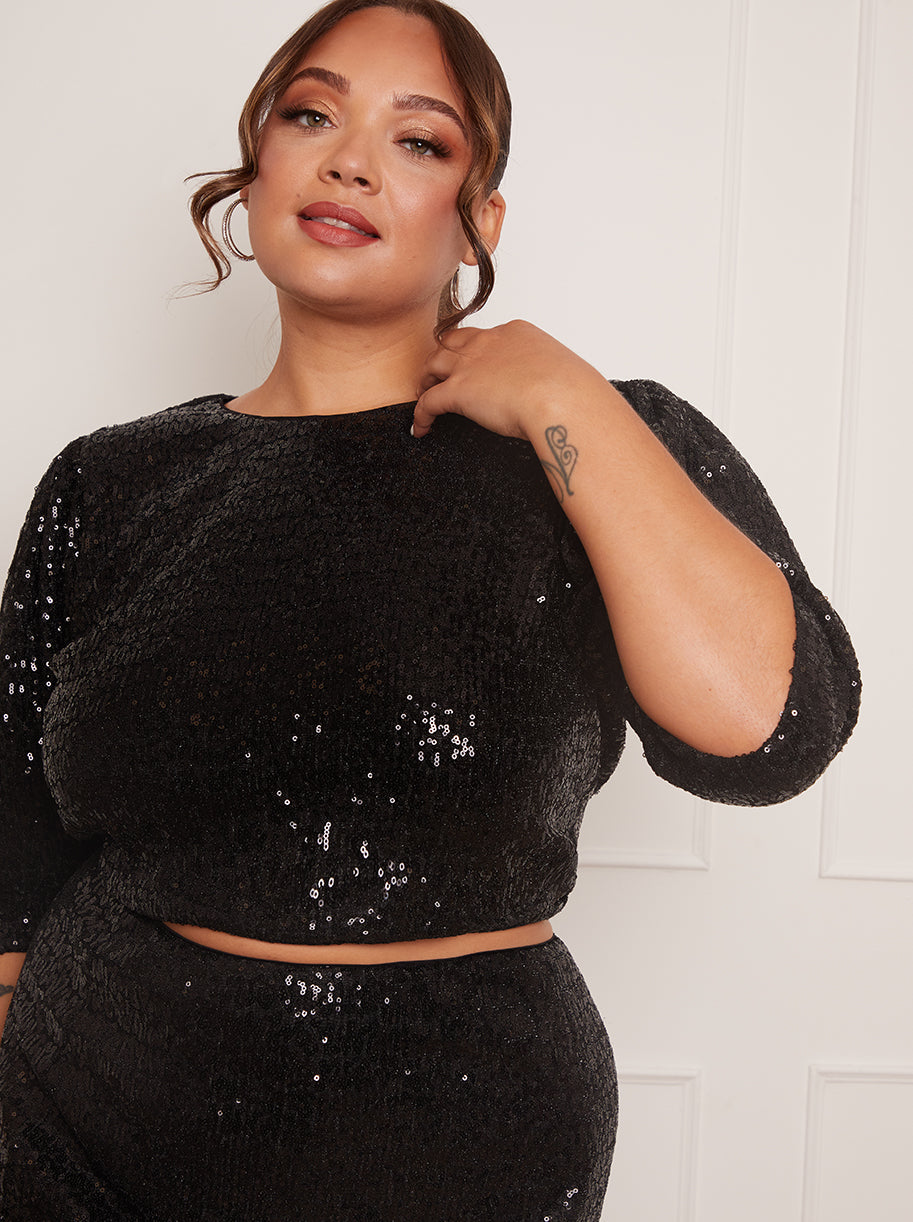 Plus Size Puff Half Sleeve Sequin Top in Black
