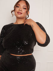 Plus Size Puff Half Sleeve Sequin Top in Black