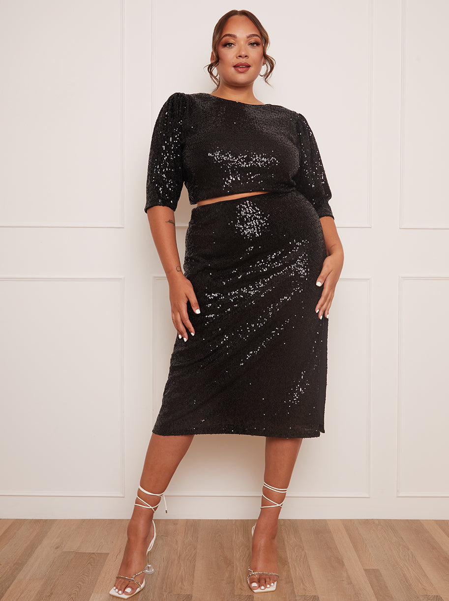 Plus Size Puff Half Sleeve Sequin Top in Black