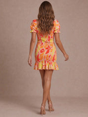 Ruffle Shirred Abstract Print Mini Dress in Orange