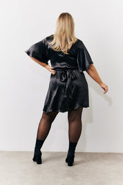 Black Liquid Satin Wrap Front Detail Mini Dress
