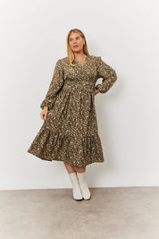 Floral Print Wrap Front Belted Balloon Sleeve Midi Dress