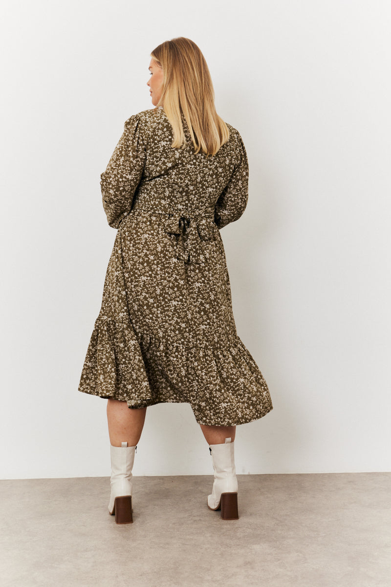 Floral Print Wrap Front Belted Balloon Sleeve Midi Dress