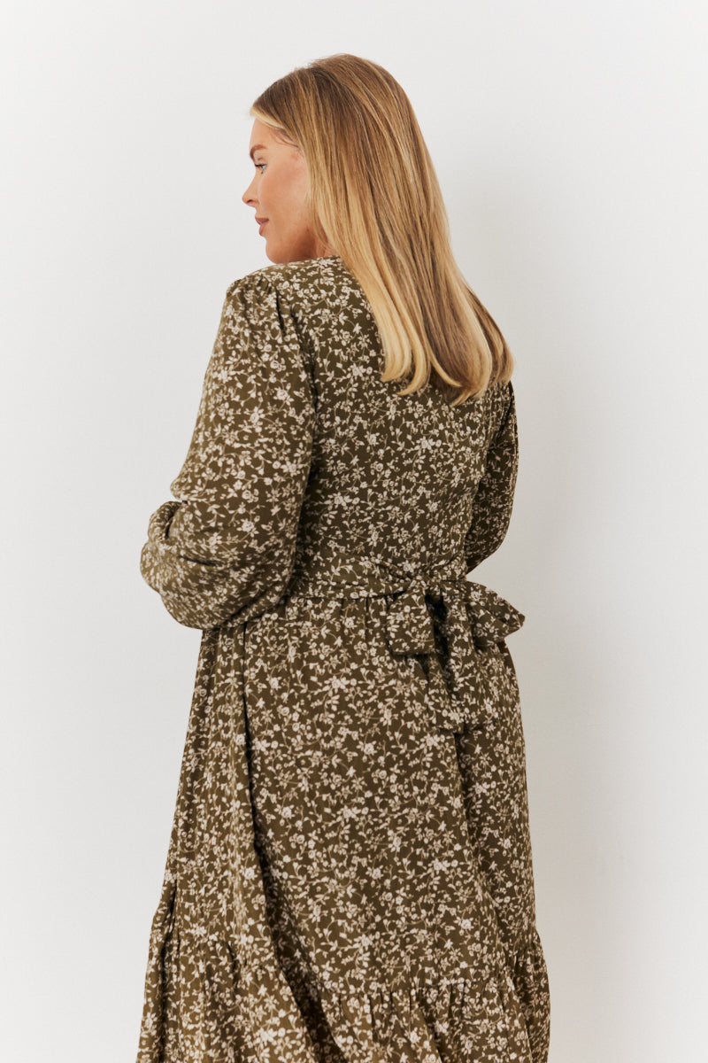 Floral Print Wrap Front Belted Balloon Sleeve Midi Dress