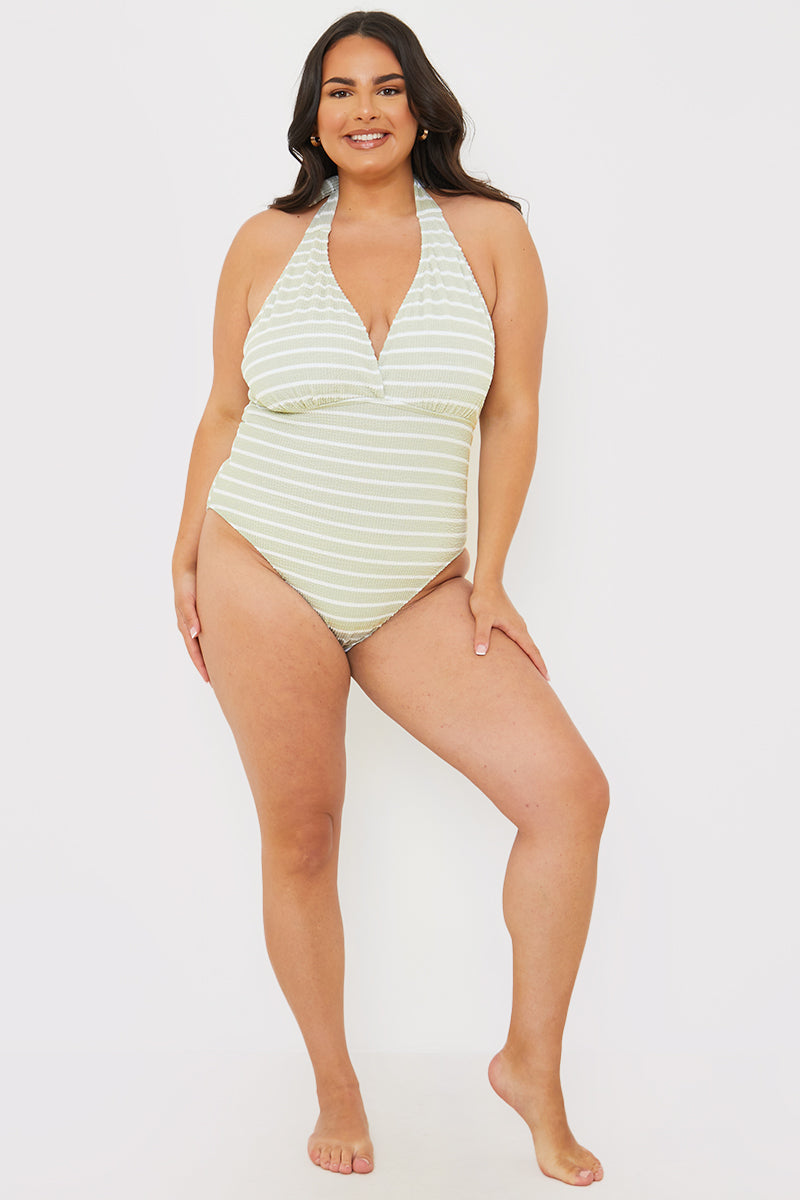 Control Crinkle Stripe Halter Swimsuit with Ruched Sides