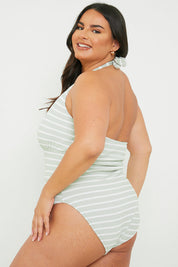 Control Crinkle Stripe Halter Swimsuit with Ruched Sides