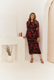 Abstract Print Mesh Open Back Detail Maxi Dress