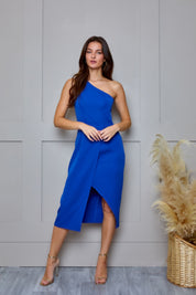 Petite One Shoulder Split Detail Midi Dress in Blue