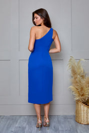 Petite One Shoulder Split Detail Midi Dress in Blue