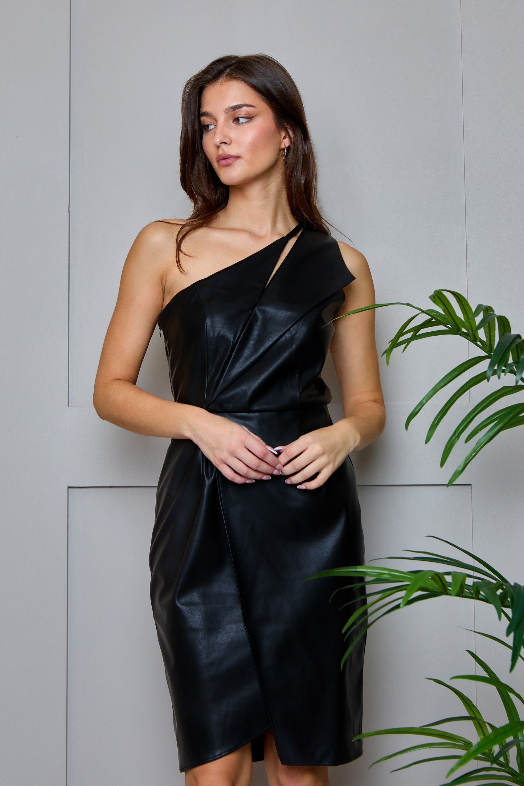 One Shoulder PU Cut Out Mini Dress in Black 10
