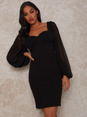 Balloon Sleeve Bodycon Dress in Black
