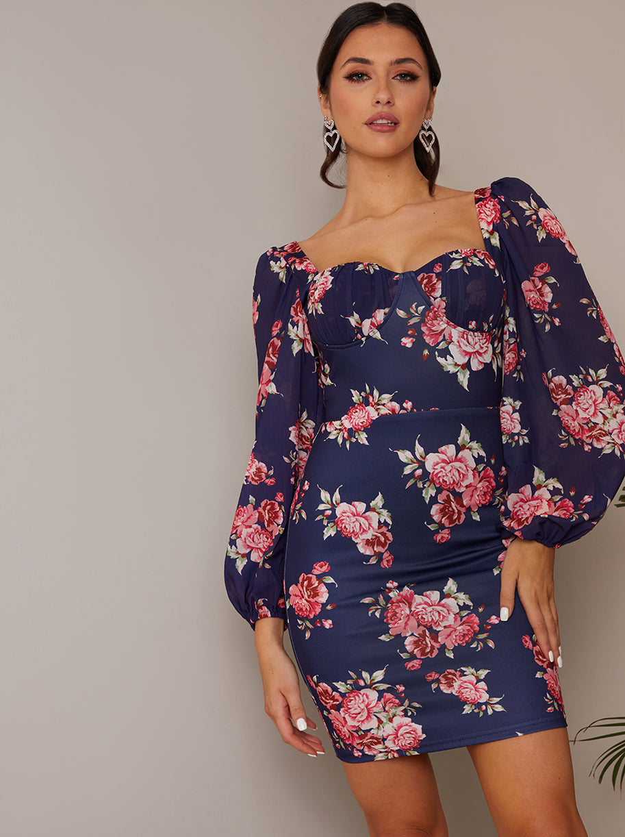 Balloon Sleeve Floral Bodycon Mini Dress in Navy