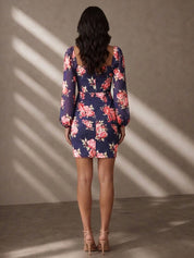 Balloon Sleeve Floral Bodycon Mini Dress in Navy