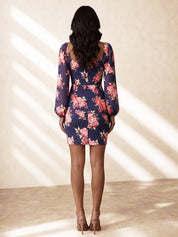 Balloon Sleeve Floral Bodycon Mini Dress in Navy