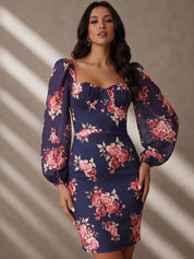 Balloon Sleeve Floral Bodycon Mini Dress in Navy