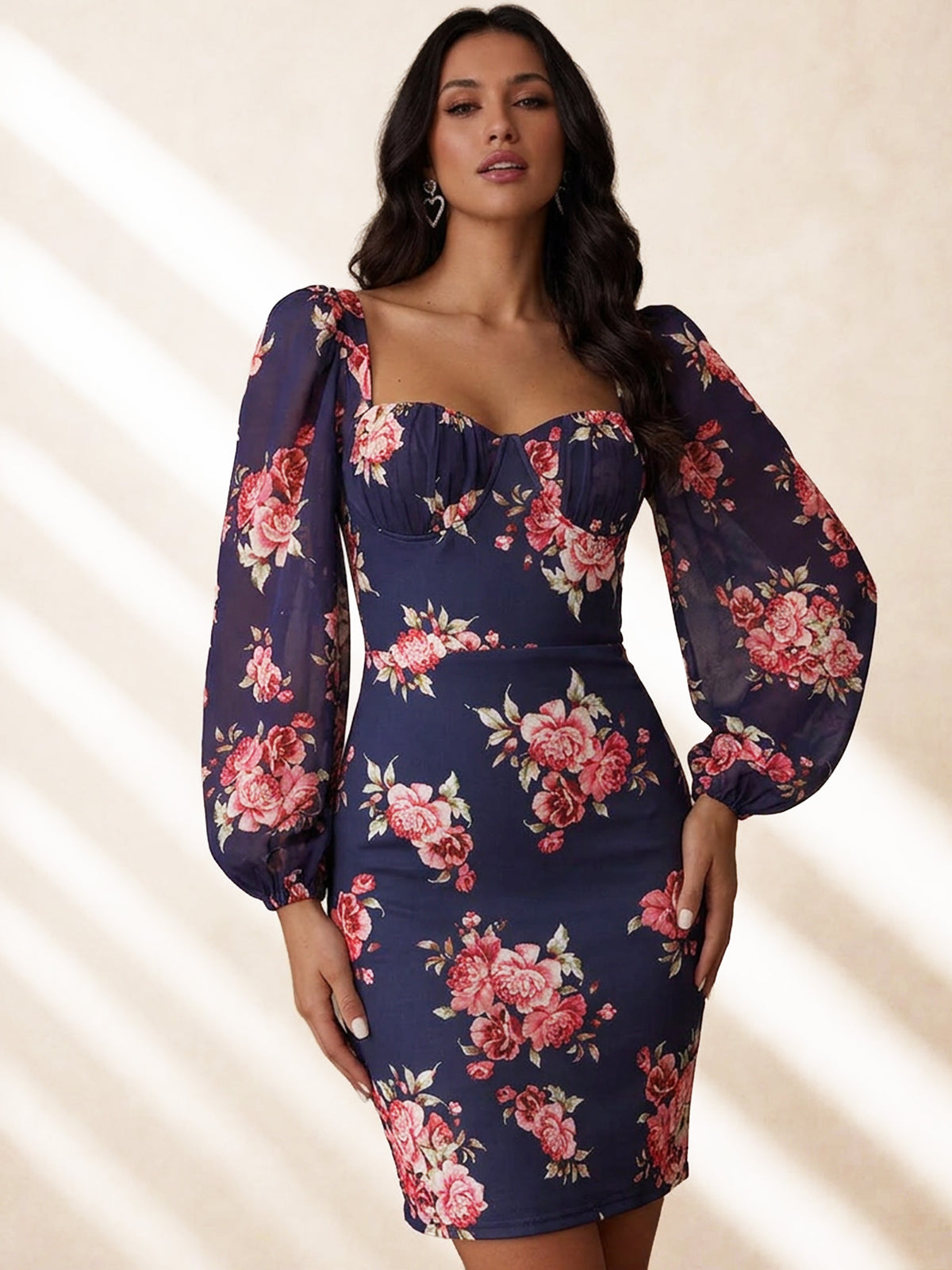 blue floral chiffon puff sleeve ruched bodycon dress Chi Chi London Women's Balloon Mini in sleeve midi dress is BLUE PROM GOWNS SHEIN BAE Plus Size Color:Neon Blue
