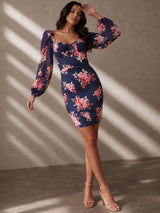 Balloon Sleeve Floral Bodycon Mini Dress in Navy