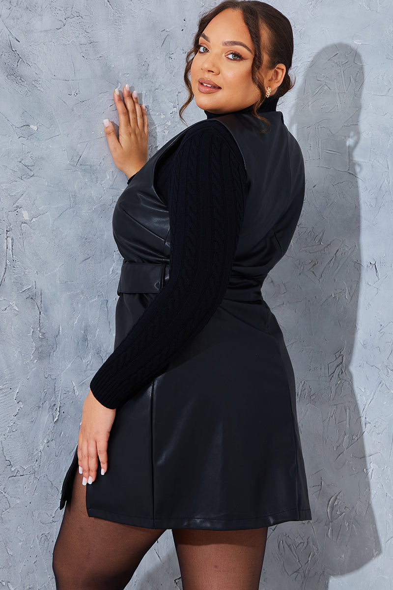 Sleeveless Belted Leather Look Dress