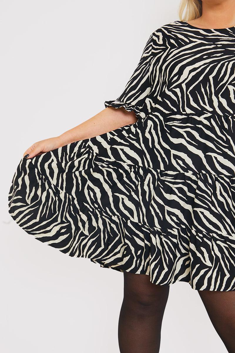 Zebra Smock Dress With Frill Sleeve