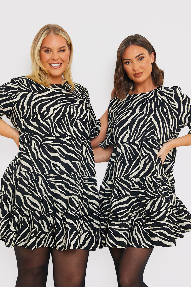 Zebra Smock Dress With Frill Sleeve