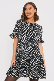 Zebra Smock Dress With Frill Sleeve