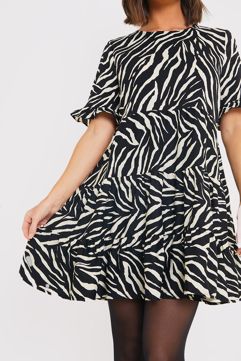 Zebra Smock Dress With Frill Sleeve