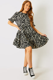 Zebra Smock Dress With Frill Sleeve