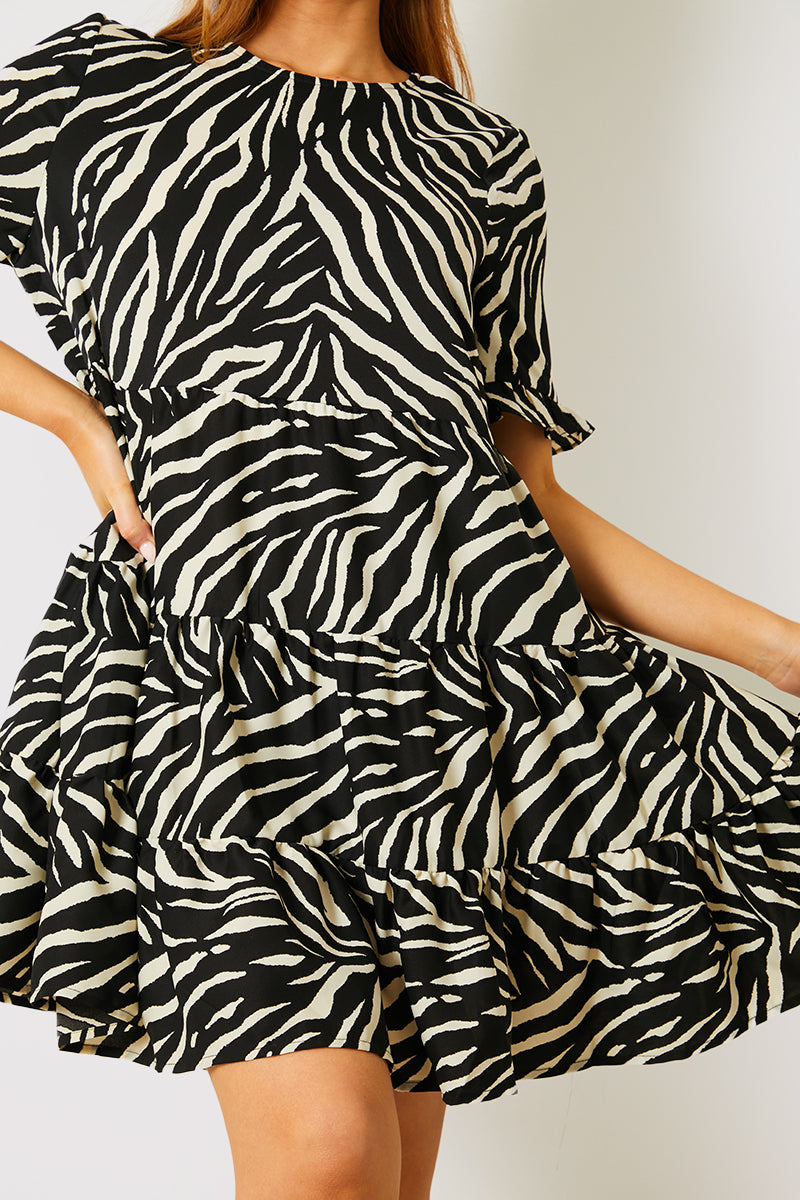 Zebra Smock Dress With Frill Sleeve