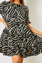 Zebra Smock Dress With Frill Sleeve