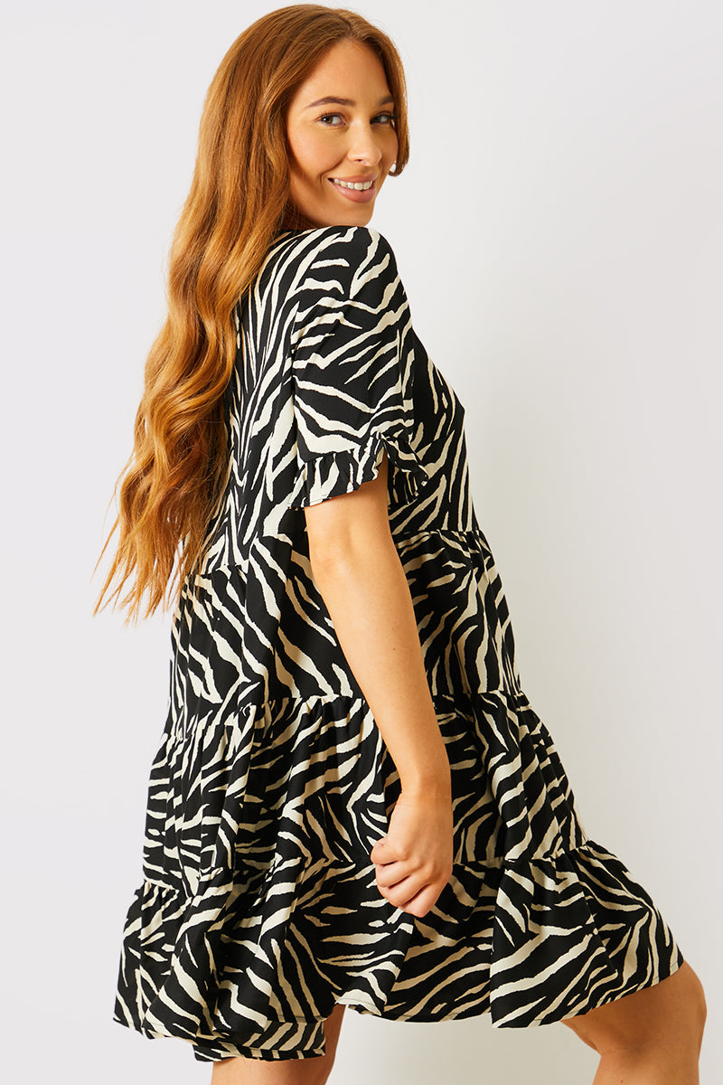 Zebra Smock Dress With Frill Sleeve