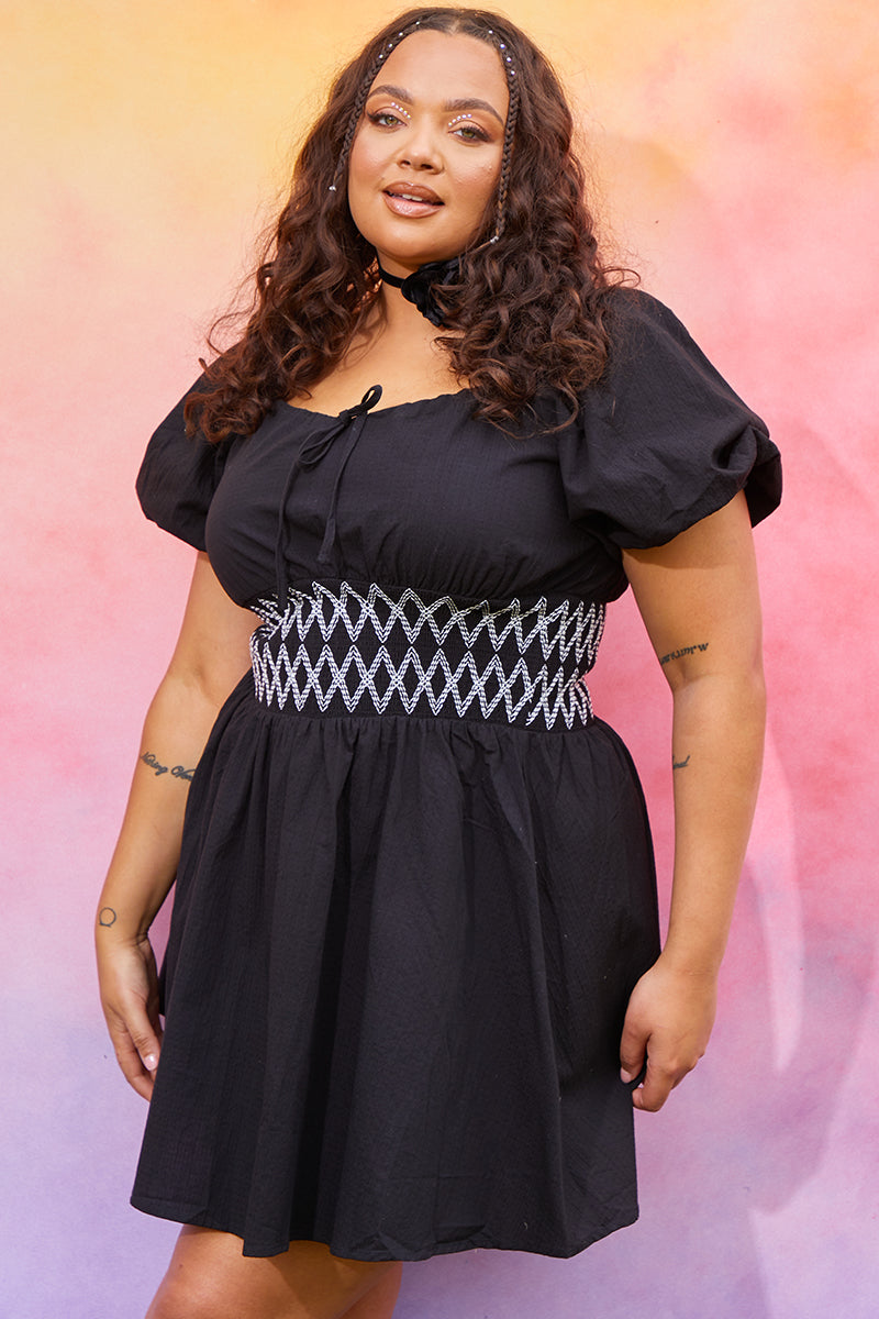 Short Sleeve Milkmaid Dress With Embroidery Detail