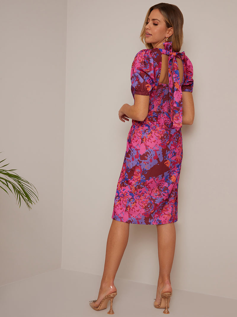 Short Sleeve Floral Midi Dress in Pink