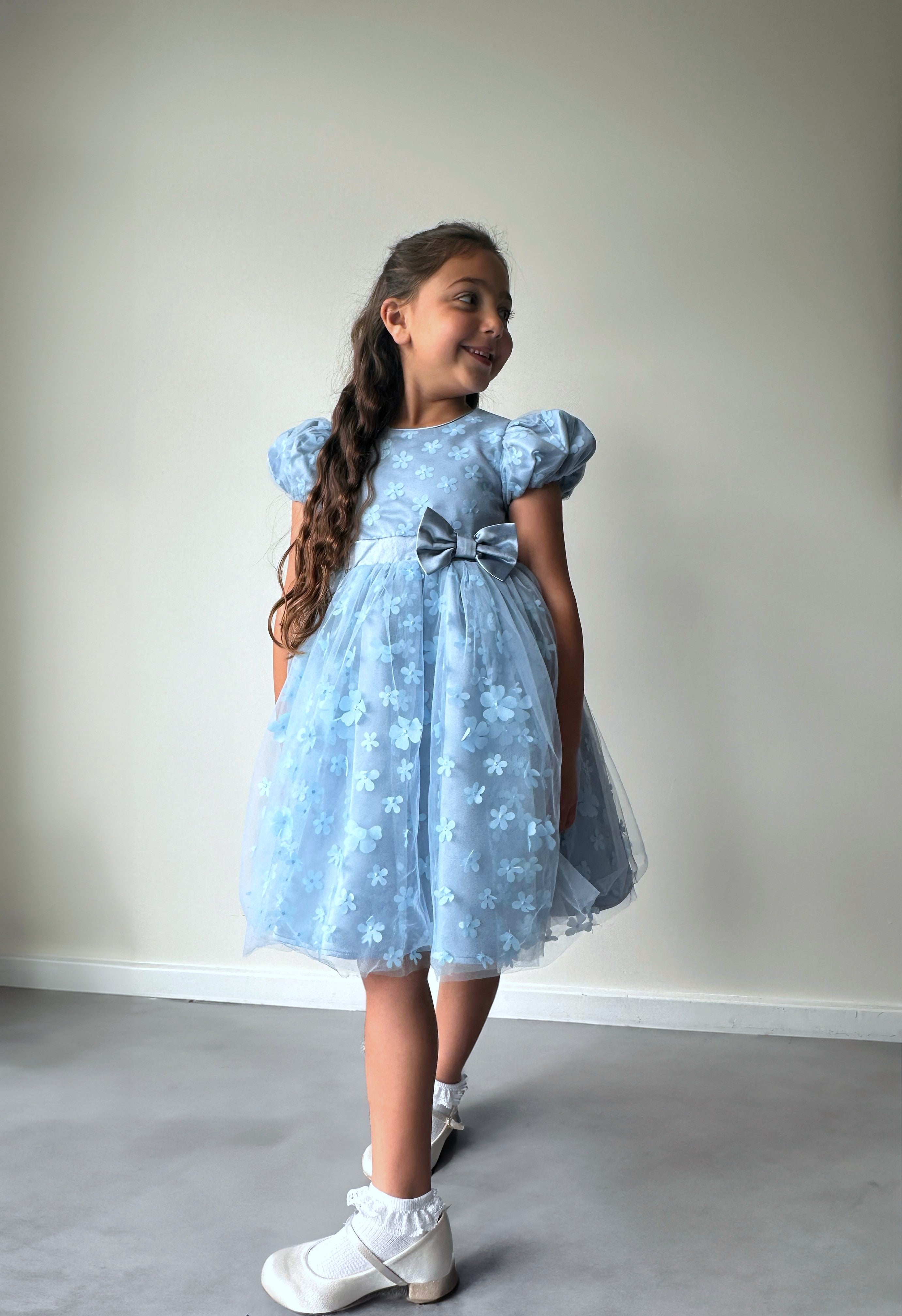 Girls 3D Floral Satin Bow Midi Dress in Blue 8 Girls 3D Floral Satin Bow Midi Dress in Blue 8